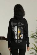 Sırt Baskılı Oversize Üç İplik Kapüşonlu Sweatshirt - Siyah resmi