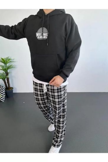 Erkek Sırt Baskılı Kapüşonlu Üç İplik Oversize Sweatshirt - Siyah resmi
