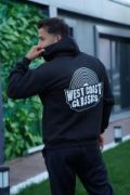 Erkek Sırt Baskılı Kapüşonlu Üç İplik Oversize Sweatshirt - Siyah resmi
