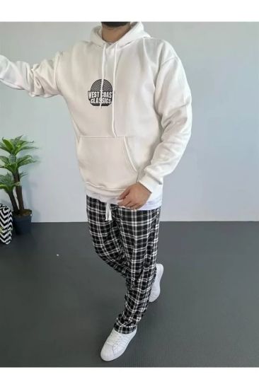 Erkek Baskılı Üç İplik Kapüşonlu Oversize Sweatshirt - Beyaz resmi