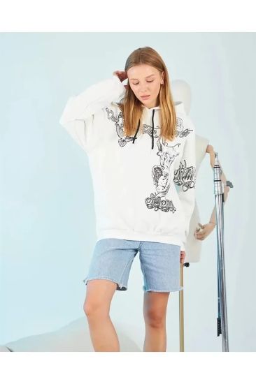 Kapüşonlu Strong Heykel Baskılı Sweatshirt - Beyaz resmi