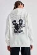 Kapüşonlu Sırt Baskılı Üç İplik Oversize Sweatshirt - Beyaz resmi