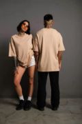 Erkek 24/1 Düz A Kalite Oversize T-shirt - Bej resmi