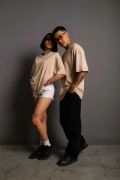 Erkek 24/1 Düz A Kalite Oversize T-shirt - Bej resmi