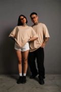 Erkek 24/1 Düz A Kalite Oversize T-shirt - Bej resmi