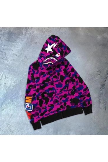Erkek 2 İplik Bape Kapüşonu Fermuarlı Hırka - Mor resmi