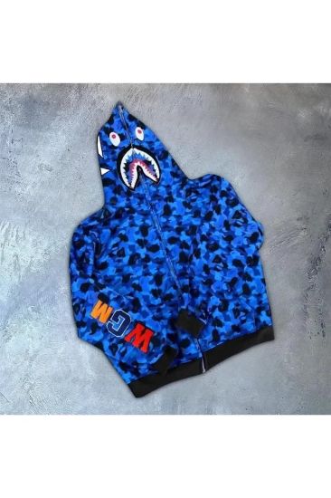 Erkek 2 İplik Bape Kapüşonu Fermuarlı Hırka - Mavi resmi