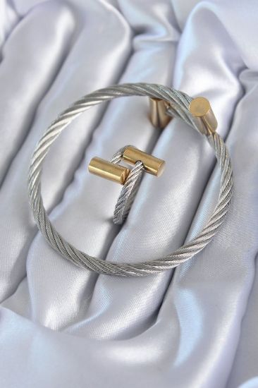 316L Çelik Gümüş Renk Gold Detay Sarmal Model Erkek Bileklik Yüzük Kombini resmi
