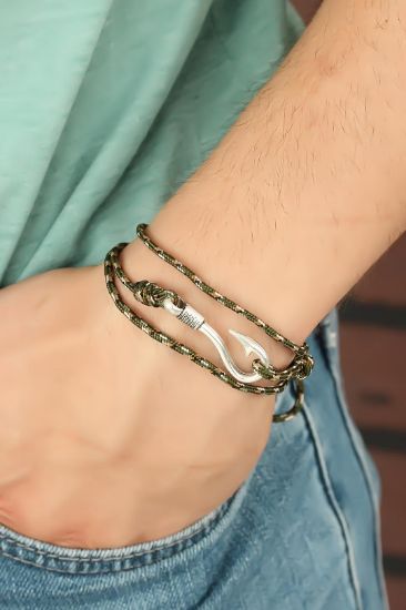 Krem Çizgi Desenli Metal Kancalı Erkek Bileklik resmi