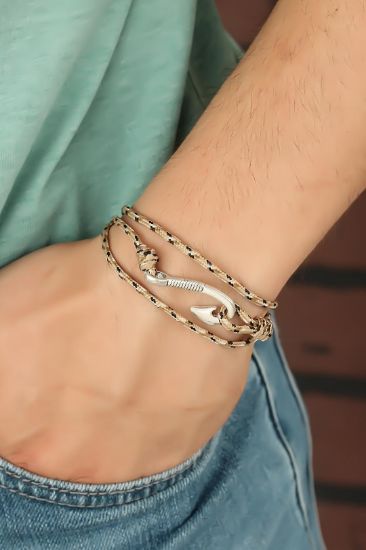 Krem Renk Çizgi Desenli Metal Kancalı Erkek Bileklik resmi